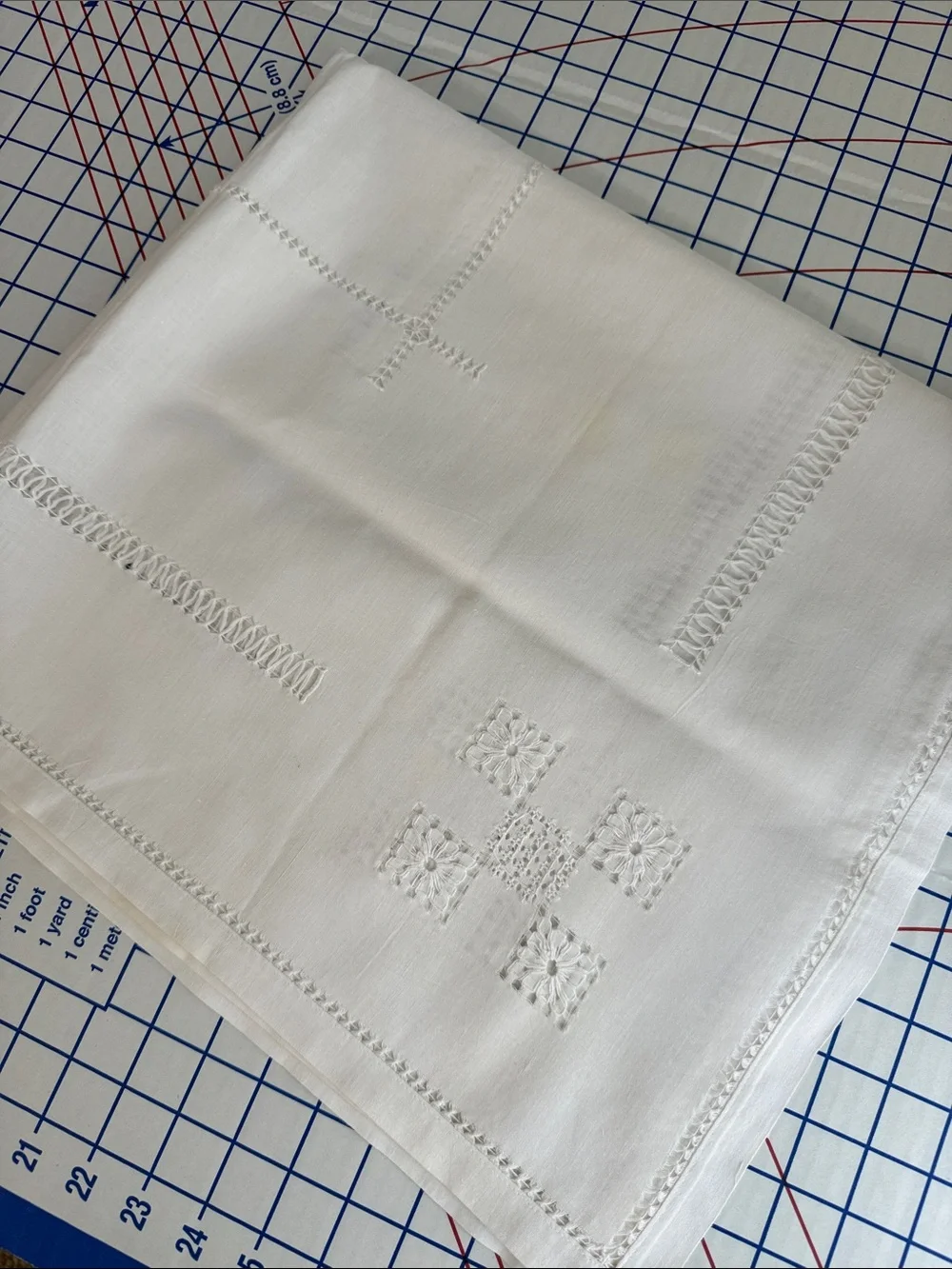 Vintage White Linen Madeira Style Table Topper 34 x 32 Drawn Thread Cutwork